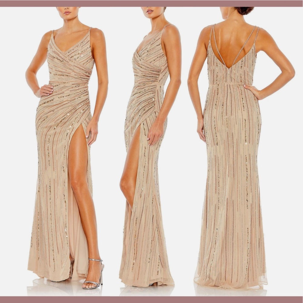 NWT $598 Mac Duggal [‎ 16 ] Sequined Spaghetti Strap Cowl Back Gown in Nude